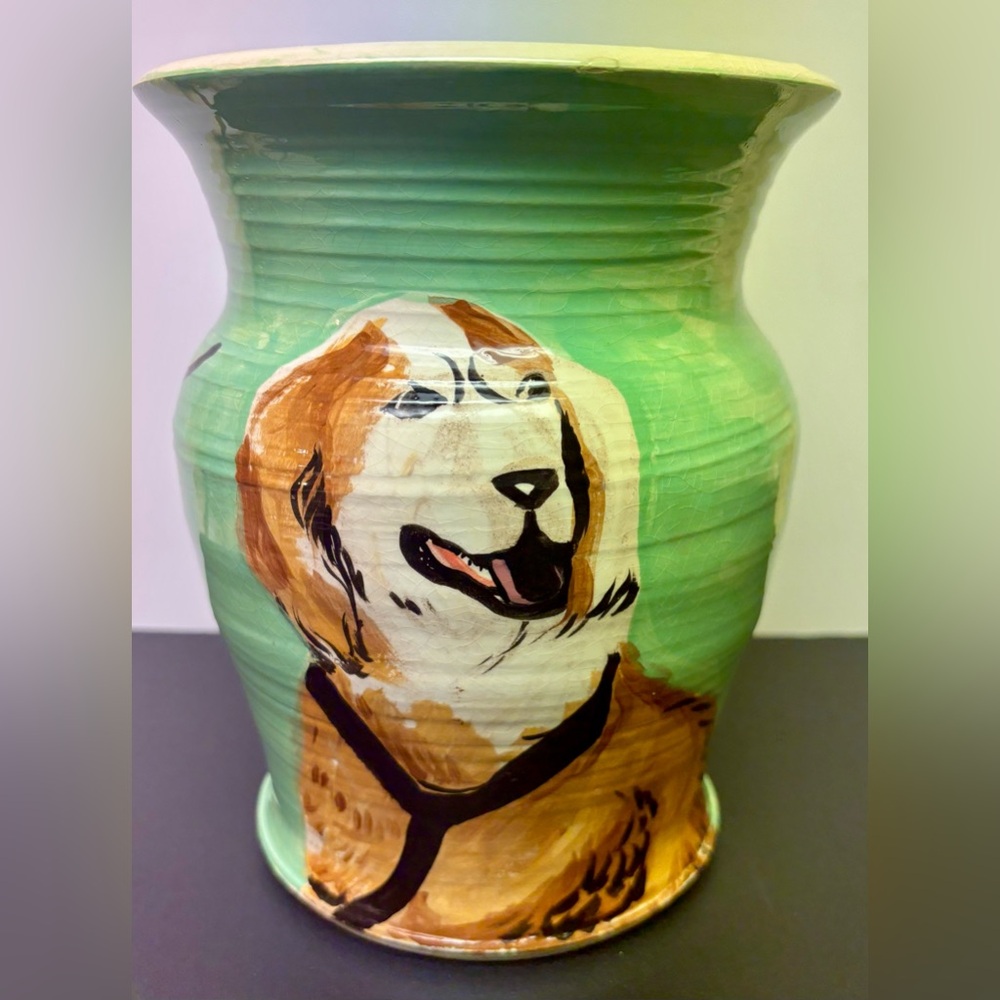 Handcrafted Pottery Green Dog Art Utensil Holder Vase Golden Retriever Dalmatian